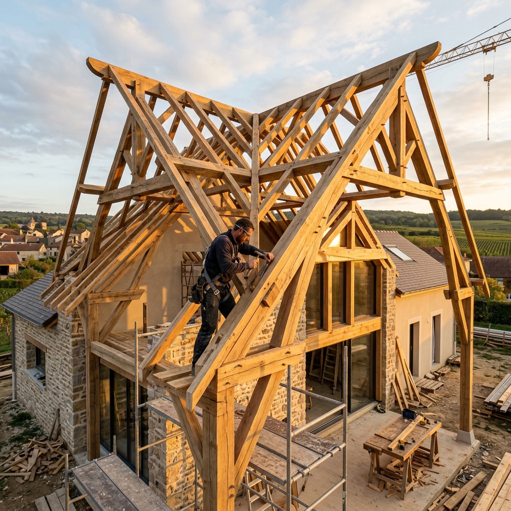 Construction d'une charpente traditionnelle en bois massif